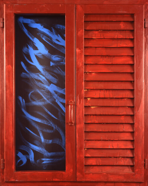 1987<br>smalto industriale, tempera, anta di persiana, anta con maniglia, cardini, telaio di legno su tavola<br> cm 100x80x4,5