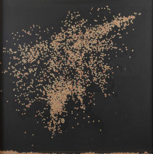 1987<br> pittura industriale, coriandoli su tela, cellophane<br>cm 100x100