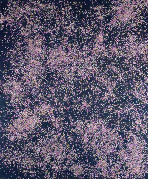 1987<br>tempera, coriandoli su tela e cellophane<br>cm 160x130