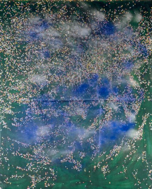 1987<br> tempera, colore a spruzzo, coriandoli su tela e cellophane<br> cm 160x130<br>