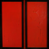 1964<br>Piazzale delle Muse<br>smalto industriale e collage di legno su tela<br>cm 130x130