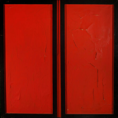 1964<br>Piazzale delle Muse<br>smalto industriale e collage di legno su tela<br>cm 130x130